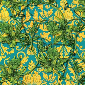 Vines on Teal and Yellow Damask