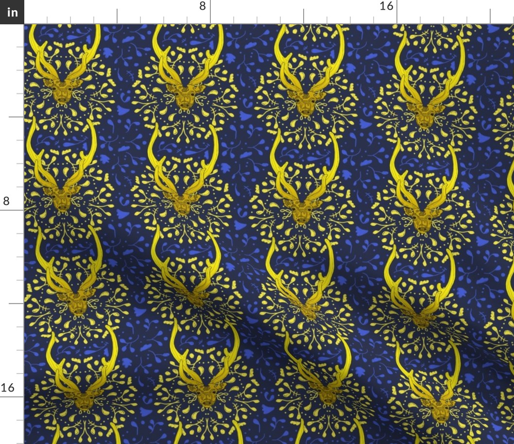 Golden Deer Wreaths on Blue Small Scale