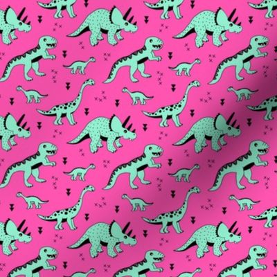 Cool Scandinavian kids dino friends dinosaur pattern girls hot pink mint SMALL
