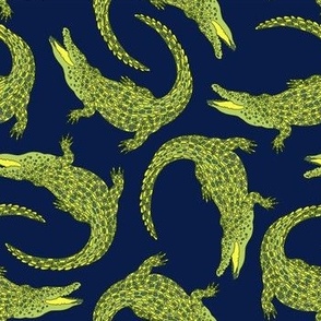 Crocodiles (Deep Navy and Green Palette) – Medium Scale