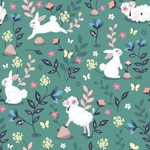 Sheep and bunnies in flowers