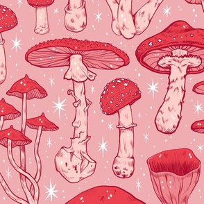 Deadly Mushrooms Red on Pink