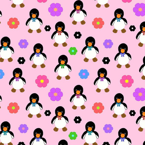 Flower Power Penguins (bow ties) - baby pink, medium 