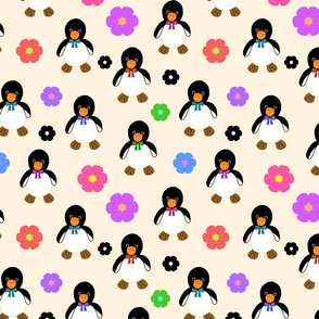 Flower Power Penguins (bow ties) - cream, medium 