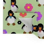 Flower Power Penguins (bow ties) - mint green, medium 