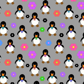 Flower Power Penguins (bow ties) - grey, medium 