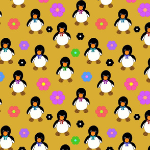 Flower Power Penguins (bow ties) - golden honey, medium 