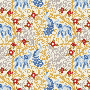 Elephant and Peacock Rococo- Gold Silver Filigree with Pastel Blue Indian Elephant Lapis lazuli Blue Peacock Red Flowers on Eggshell White Linen Texture- Regular Scale