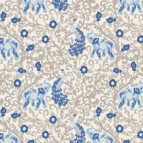 Elephant and Peacock Rococo- Silver Filigree with Pastel Blue Indian Elephant Lapis lazuli Blue Peacock and Flowers on Eggshell White Linen Texture- Regular Scale