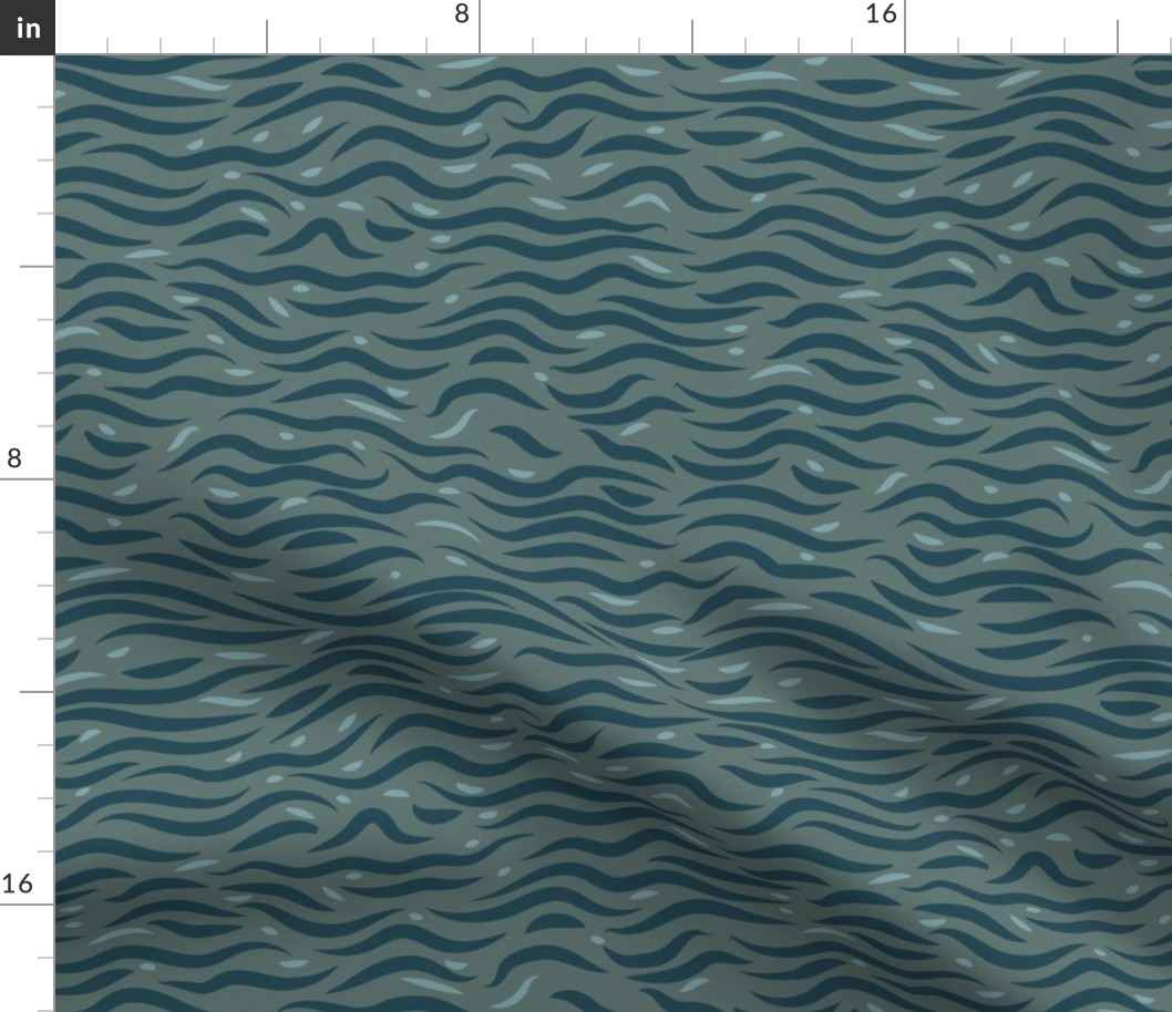 Surfing Ocean Waves- Pale Turquoise Teal Blue Swirls on Greenish Cyan- Regular Scale