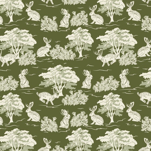 Jackalope Toile- Woodland in Spring- Pale Sage Eggshell Rabbit Trees and Rose bushes on Deep Olive Green Background- Regular Scale