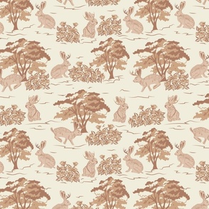 Jackalope Toile- Woodland in Spring- Burnt Almond Desert Sand Tan Rabbit Trees and Rose bushes on Eggshell Background- Regular Scale