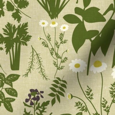 Herbology- Herbs of the World- Lime Green on Eggshell Linen Texture- Regular Scale