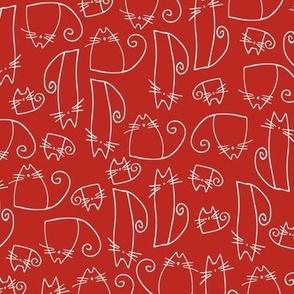 small scale cats - tinkle cat poppy red - hand-drawn cats - cats fabric