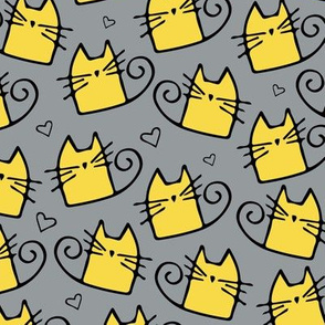 cats - tinkle cat yellow and gray - hand-drawn cats - cats fabric