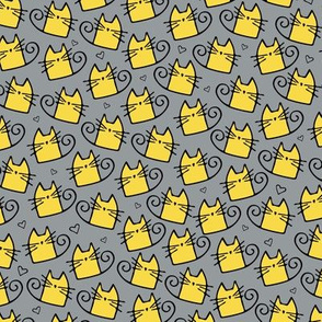 small scale cats - tinkle cat yellow and gray - hand-drawn cats - cat fabric