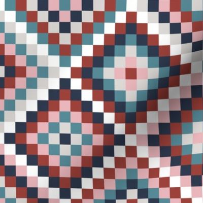 Bohemian geometrics Aztec diamonds check navy red pink