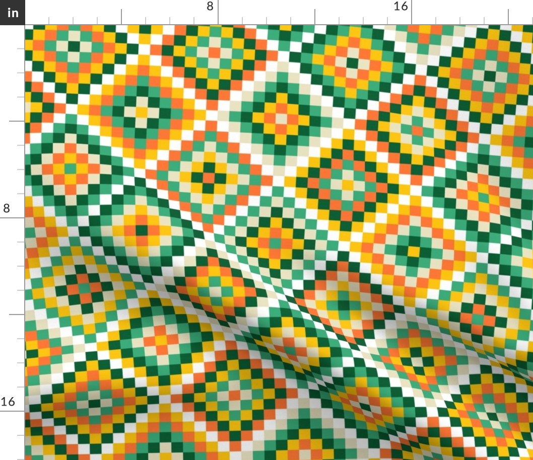 Granny's square aztec diamonds check green orange yellow