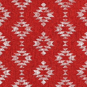 Aztec diamonds red burlap texture white block print
