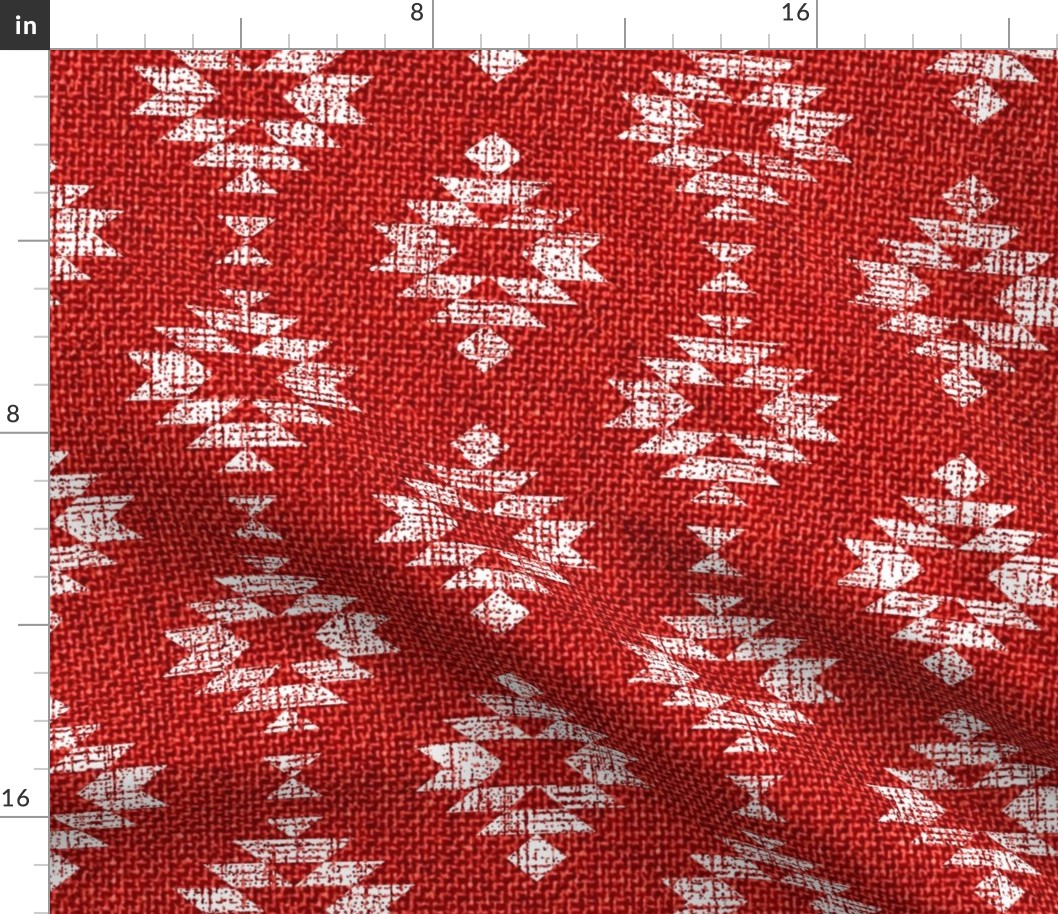 Aztec diamonds red burlap texture white block print