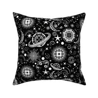 Galaxy Mandala- Bohemian Space Adventure- Black and White- Regular Scale