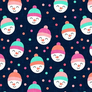(1.75" scale) Happy Snowman - multi pink with polka dots - cute snowman faces on navy  - LAD19BS