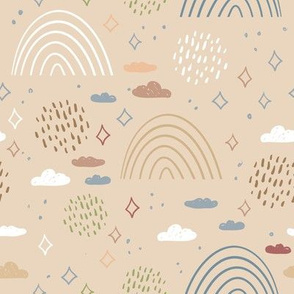 seamless pattern abstract rainbow scales, rain, sky clouds, simple Nature doodle lines scandinavian style. Nursery decor trend of the season 