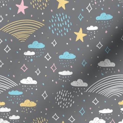 magic tale gray pattern abstract scales, rain, sky clouds stars, simple Nature doodle lines scandinavian style. Nursery decor trend of the season white yellow pink on gray background. Vector illustration