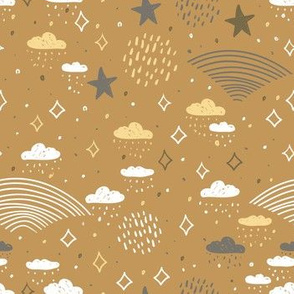 night rain seamless pattern abstract scales, rain, sky clouds stars, simple Nature doodle lines scandinavian style. Nursery decor trend of the season white sienna on tan old gold background. Vector illustration