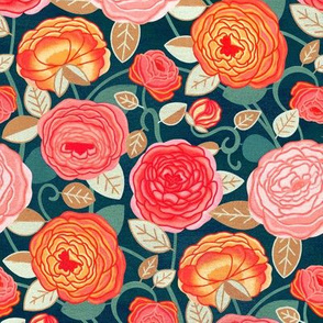White and Green Flowers and Leaves Light Blue Concord Fabrics Roses Are For June Dark Coral Rose Print on Dark Brown Fabric