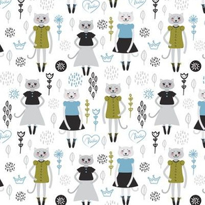 seamless pattern Kawaii cat girl in dress, cartoon pet black mustard blue gray flowers leaves on white background. fashion print  for baby clothes 