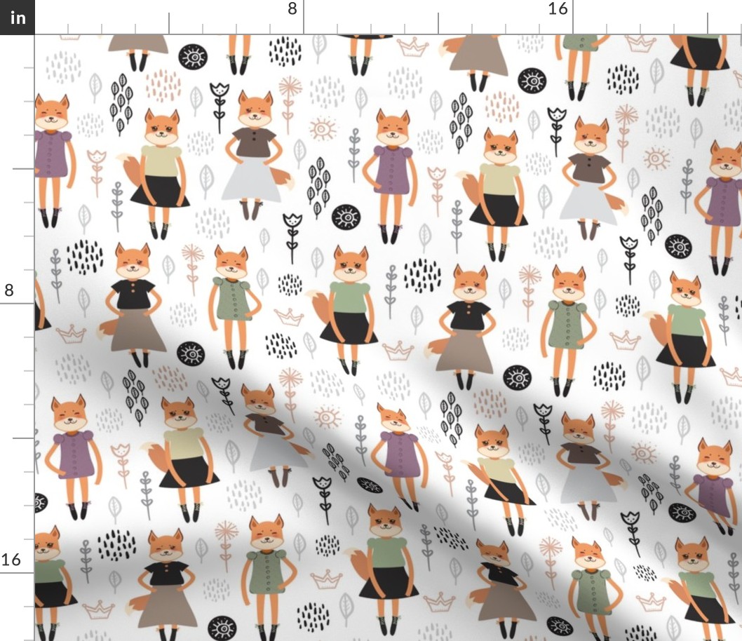 Seamless pattern funny Kawaii fox girl in dress, cartoon flowers green lilac black white background. fashion print for baby clothes wallpaper