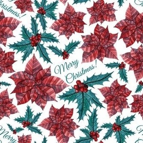 Christmas pattern with holly and poinsettia.