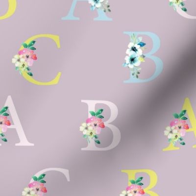 abc letters with flowers in pink ,blue and yellow. Use the design for playroom walls and girls room decor