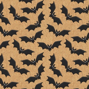 Halloween burlap natural texture black bats embroider