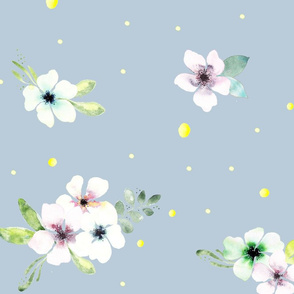 Grandmillennial White watercolor flowers with blue from Anines Atelier. Use the design for bathroom walls and interior and a summer dress. 