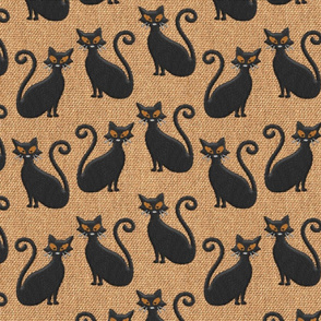 Black cats embroidery natural burlap texture Halloween Fabric