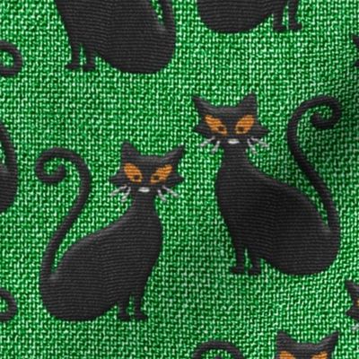 Halloween black cats embroidery green burlap texture Fabric