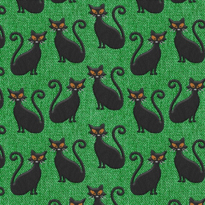 Halloween black cats embroidery green burlap texture Fabric