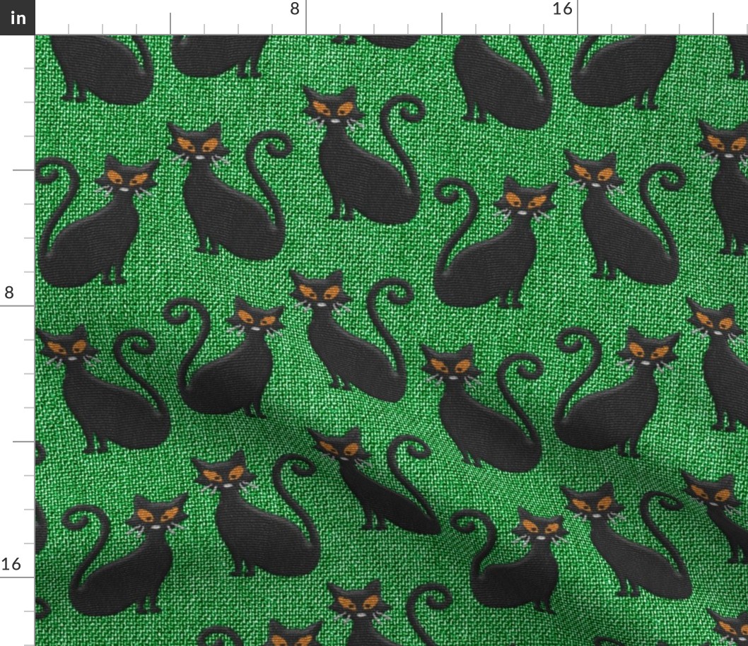 Halloween black cats embroidery green burlap texture Fabric