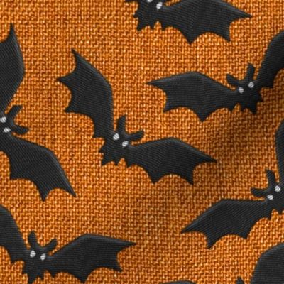 Halloween costume burlap orange black bats embroidery textured Fabric