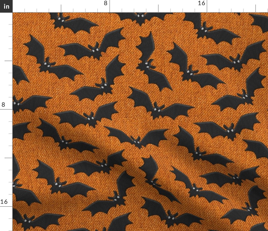 Halloween costume burlap orange black bats embroidery textured Fabric