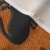 Halloween cats embroidery black orange burlap linen texture Fabric