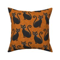 Halloween cats embroidery black orange burlap linen texture Fabric