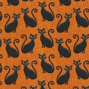 Halloween cats embroidery black orange burlap linen texture Fabric