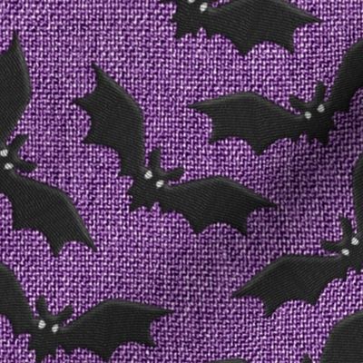 Linen sack Halloween black bats embroidery purple textured Fabric