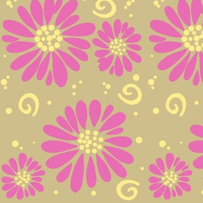 daisies and swirls tan/pink