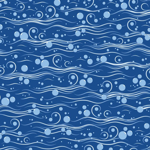 Soft blue waves with water bubbles. Dark blue background
