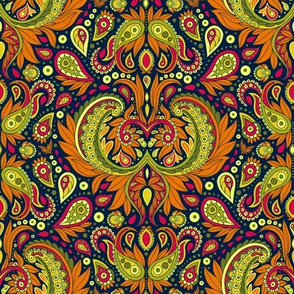 1970s Retro Paisley Pattern in Green, Yellow, Orange & Pink