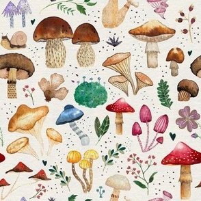 BIG Watercolor forest mushroom with textured background